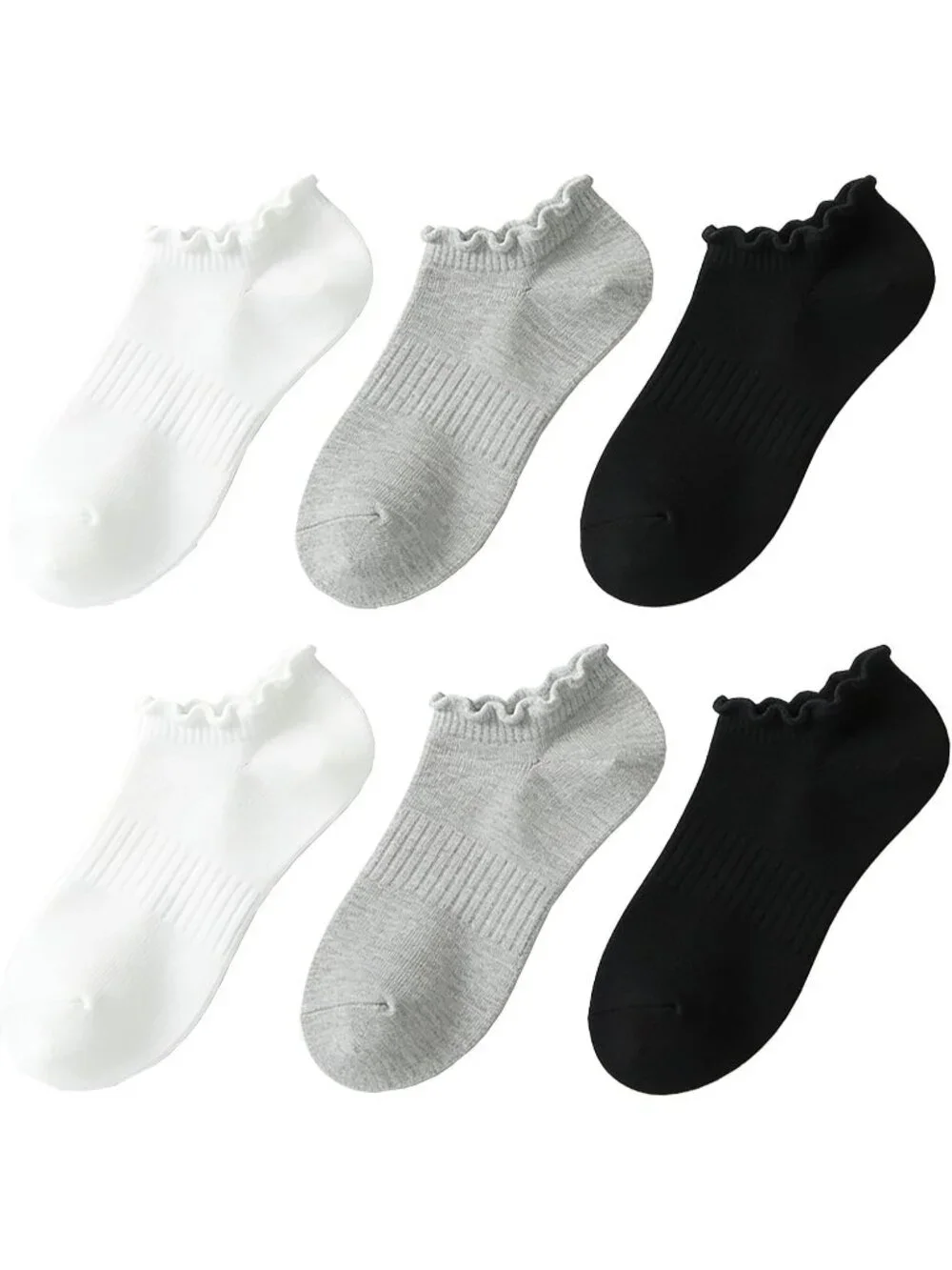 🧦Women's Black White No Show Socks Low Cut Non Slip Ruffle Ankle Socks 6 Pairs